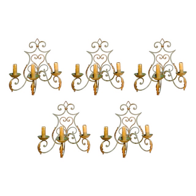 French Art Deco Wrought Iron Castle Wall Sconces, 1925, Set of 5 For Sale