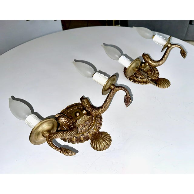 Pair Neoclassic Dolphin Shell Brass Wall Sconces For Sale - Image 4 of 13