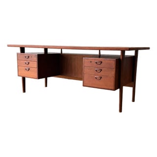 Vintage Danish 1960s Modern Teak Floating Top Freestanding Double Sided Executive Desk by Kai Kristiansen for Feldballes Møbelfabrik For Sale