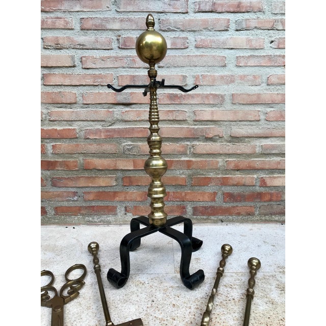 French French Neoclassical Style Brass Fireplace Tools, 1970s, Set of 5 For Sale - Image 3 of 6