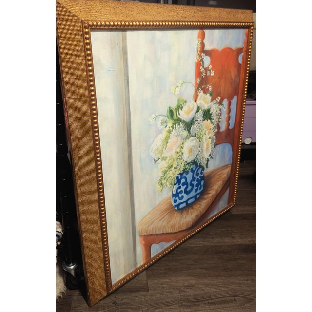 Chinoiserie Vintage Signed J. Carr Oil Painting White Roses & Hydrangeas in Blue Chinoiserie Vase, Ornate Gilt Frame For Sale - Image 3 of 6