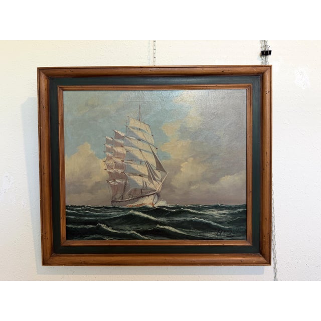 This striking original oil on canvas depicts a magnificent tall sailing ship navigating rolling ocean waves beneath a...