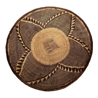 Early 20th Century Handwoven Tonga Binga Basket With Geometric Design — 18″ For Sale