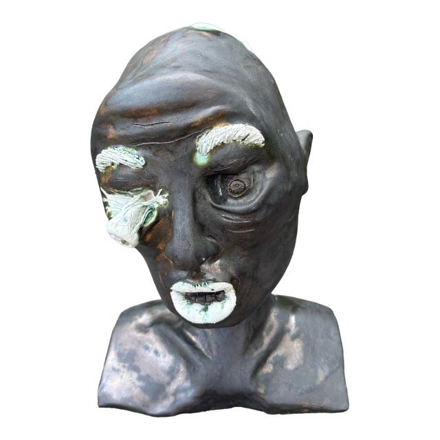 Mid-Century Glazed Pottery Surrealist Bust Sculpture For Sale