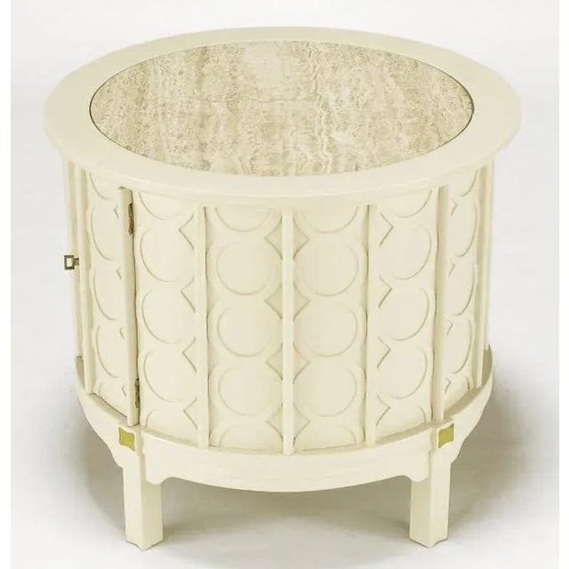 Bone Lacquer Cylinder Tables With Travertine Inlaid Tops - a Pair For Sale - Image 4 of 11