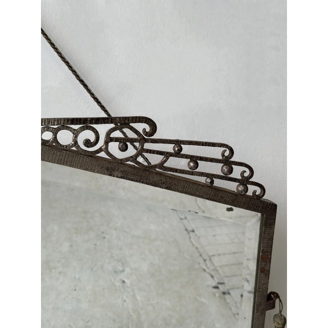 1920s Antique Art Deco Large-Scale Silvered Wrought Iron Wall Mirror With Bullion Tassel Details in the Manner of Edgar William Brandt, Circa 1920s For Sale - Image 5 of 17