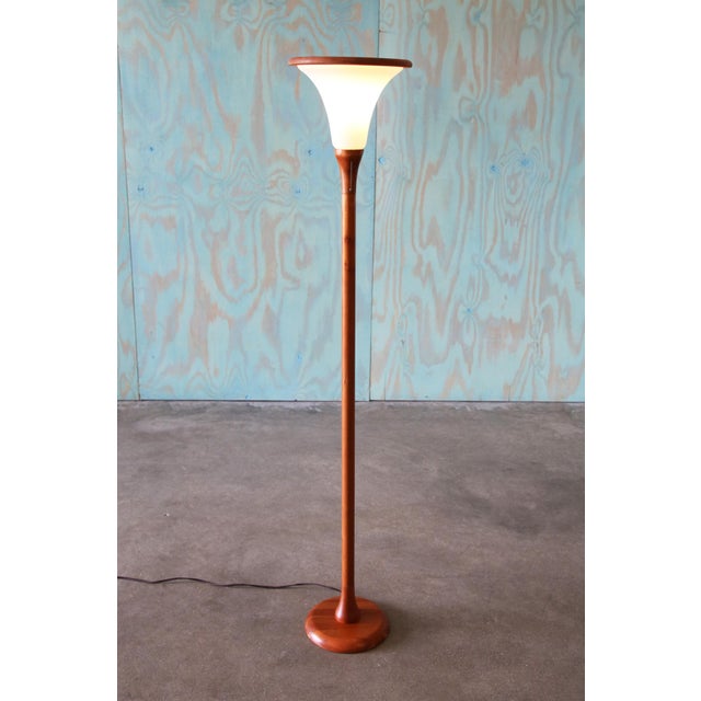 Wood 1960s Solid Teak Danish Modern Tulip Floor Lamp Frosted Glass Shade For Sale - Image 7 of 9