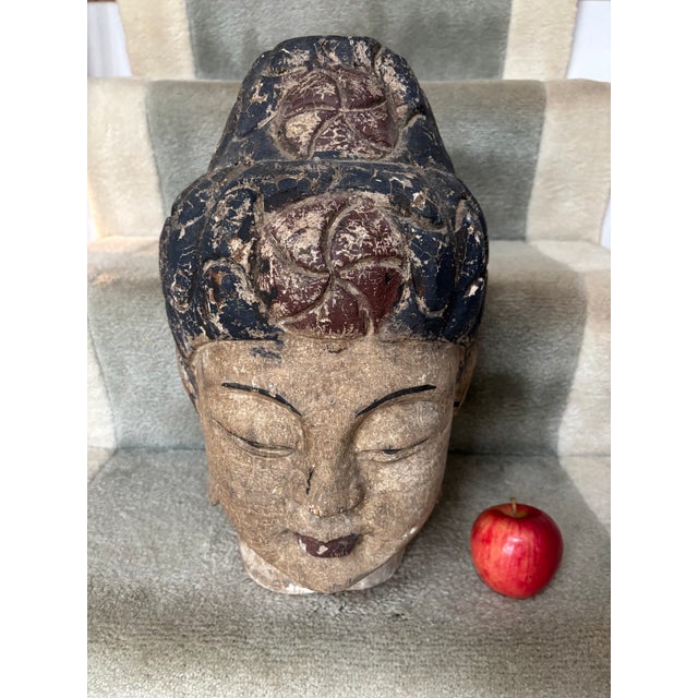 Carved and Polychromed Wooden Buddha Head For Sale - Image 11 of 11