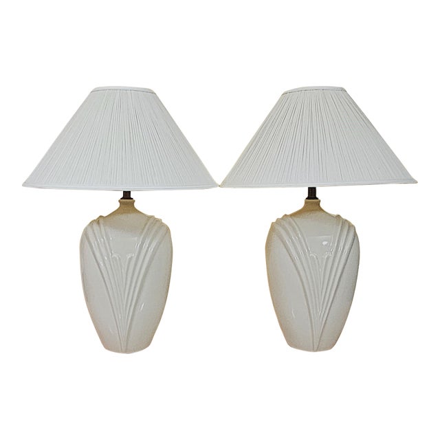 Pair of Vintage White Art Deco Ceramic Table Lamps With Pleated Shades – 27” For Sale