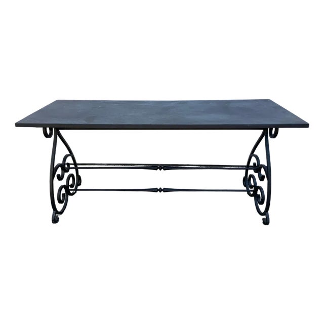 Vintage Slate Garden Stone Topped Wrought Iron Scroll Console Table For Sale
