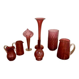 Antique Cranberry Glasses in Red, 1860, Set of 7 For Sale