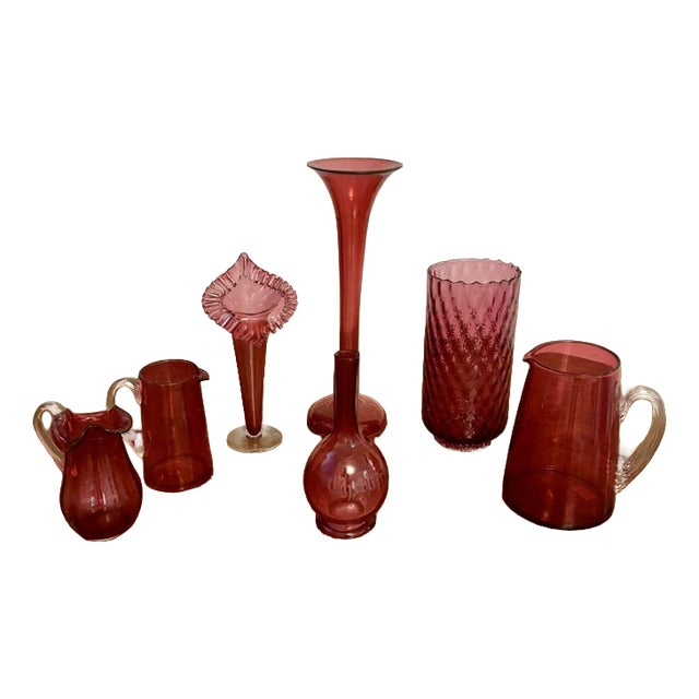 Antique Cranberry Glasses in Red, 1860, Set of 7 For Sale