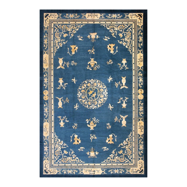 Marvelous Blue and Ivory Color With Special Flower Design Antique Chinese Peking Rug For Sale