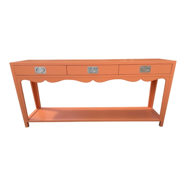 Salmon Colored Hickory Chair Peony Console Table, Asian Inspired For Sale