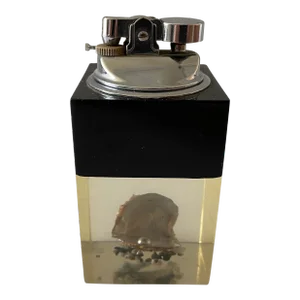 Unique Lucite Table Lighter With Encased Oyster Shell and Pearl