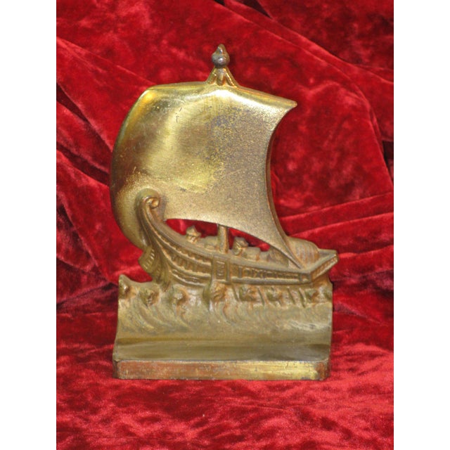 Brass Early 20th Century Norse Ship Boat Schooner Sailing Book Ends Bradley & Hubbard B&H Brass Plated For Sale - Image 8 of 11