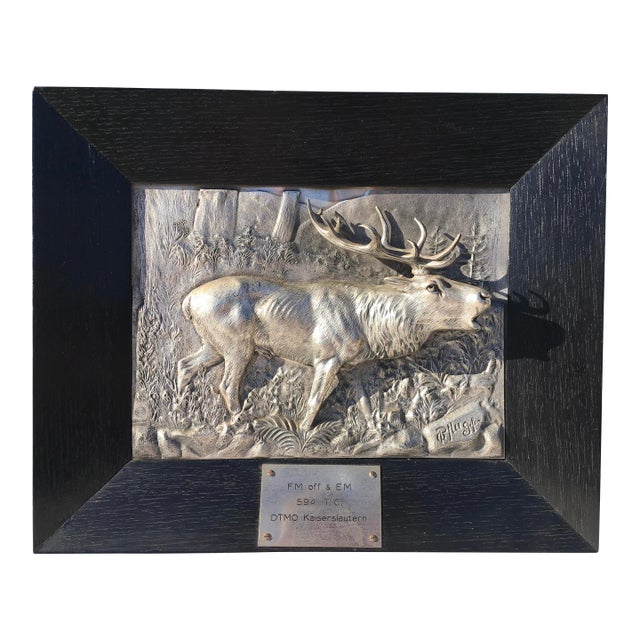 Vintage Hand Hammered German Framed Pewter Sculptural Stag. For Sale