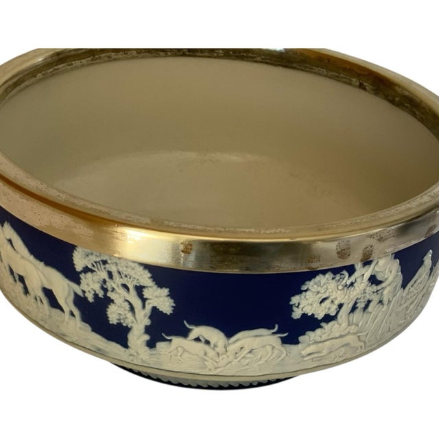 Blue Antique William Adams Tunstall Blue Jasperware Salad Bowl Set W/ Matching Silverplate Serving Fork & Spoon Hunt - 3 pcs For Sale - Image 8 of 10