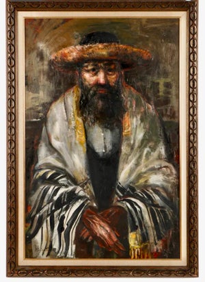 Jonah Kinigstein, Large Judaica Oil Painting Rabbi Rediscovered NY Artist Simchat Torah, c. 1950s