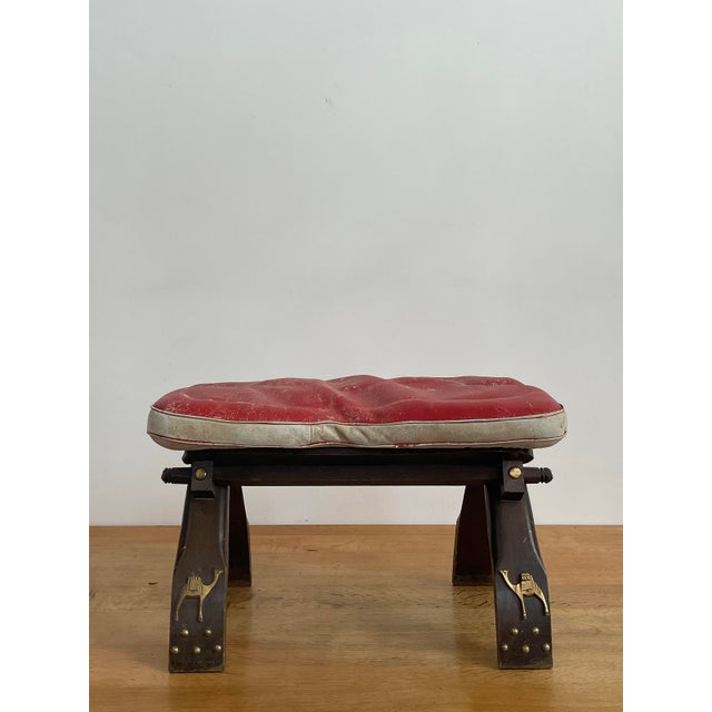Mid-Century Modern Vintage Mid-Century Egyptian Camel Saddle Stool – Red Leather & Brass Details For Sale - Image 3 of 13