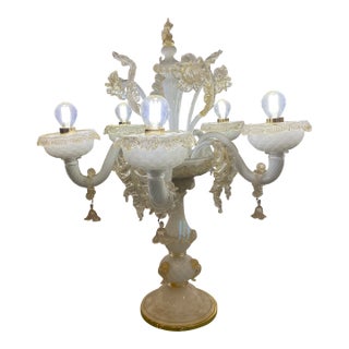 Table Lamp 5 Arms Murano Glass in White and Gold For Sale