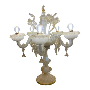 Table Lamp 5 Arms Murano Glass in White and Gold