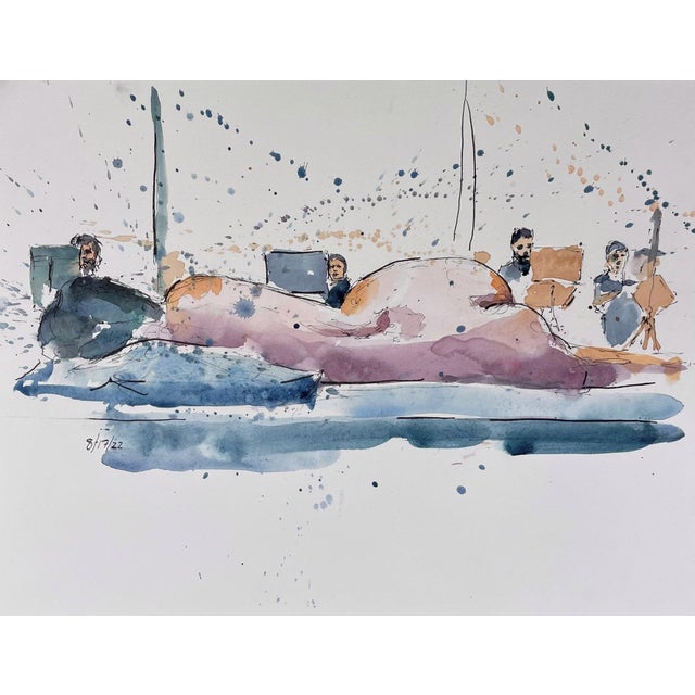 This watercolor on paper presents a serene scene of figures engaged in a drawing session, with a reclining model at the...