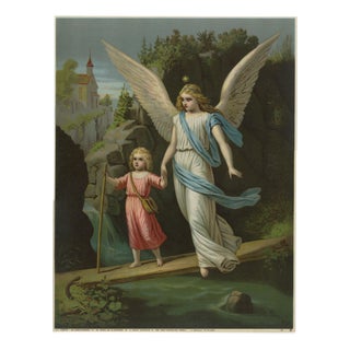 Holy Guardian Angel Protecting a Child, 1900, Chromolithograph For Sale