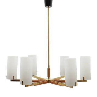 Teak, Brass and Opaline Glass Pendant Lamp from Kaiser Leuchten, 1960s For Sale