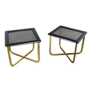 Late 20th Century Modern End or Side Tables 1 Rectangle & 1 Square W/Glass Inset Tops & Brass Plate Bases For Sale