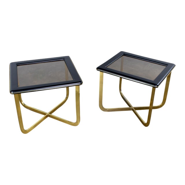 Late 20th Century Modern End or Side Tables 1 Rectangle & 1 Square W/Glass Inset Tops & Brass Plate Bases For Sale
