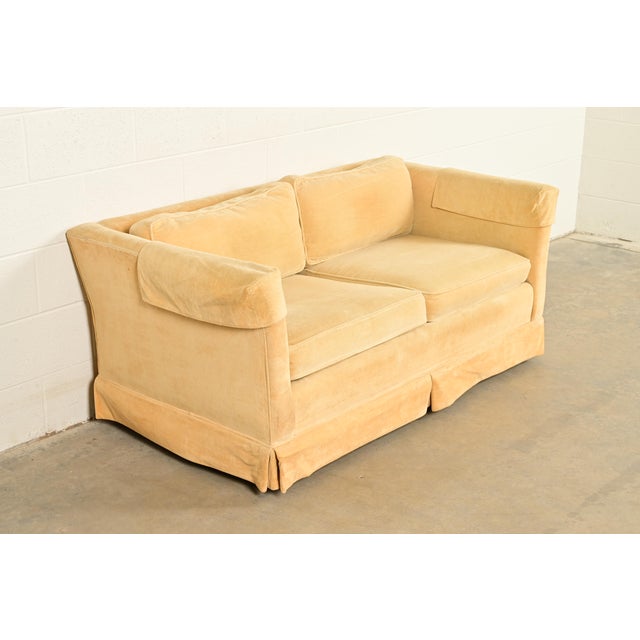 A gorgeous and very comfortable Modern mohair velvet upholstered tuxedo sofa or love seat In the manner of Baker Furniture...