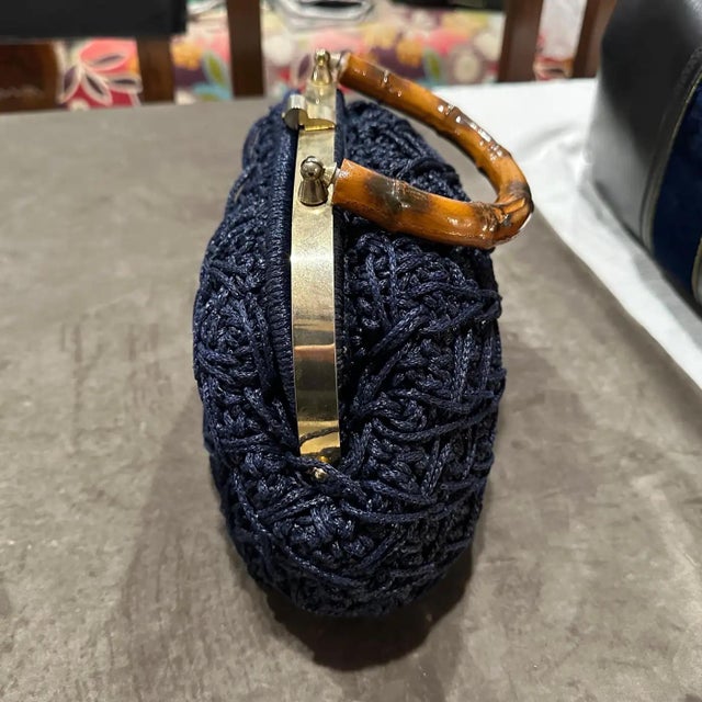 Wood 1970s Blue Woven Fabric Brass and Bamboo Italian Top Handle Bag For Sale - Image 7 of 12