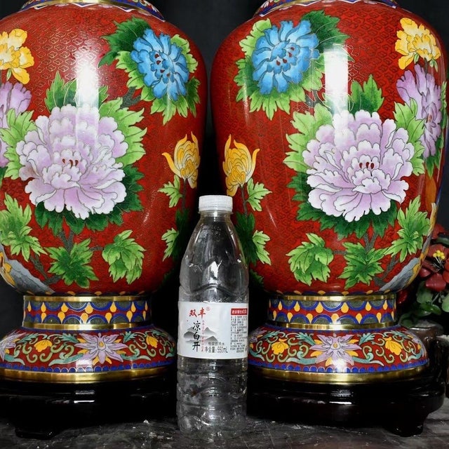 Metal Pair of Monumental Chinese Cloisonné Vases | Gilt Floral & Bird Motif With Stands For Sale - Image 7 of 9