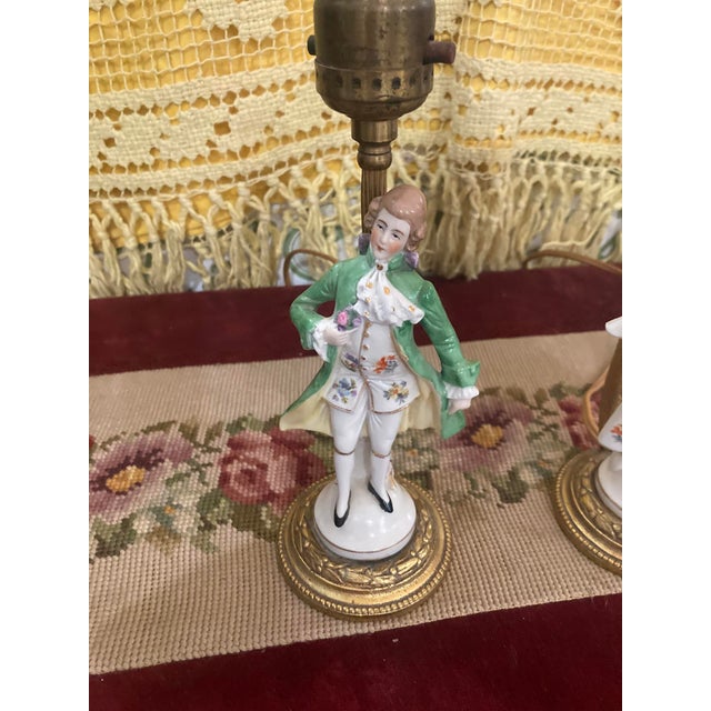 Pair of Vintage Porcelain Figurine Lamps – Rococo Style – Lady & Gentleman – 12” For Sale - Image 11 of 16