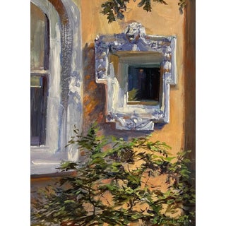 Garden Shadows by Sheri Farabaugh | Oil Painting of a mirror surrounded by greenery and wall. For Sale