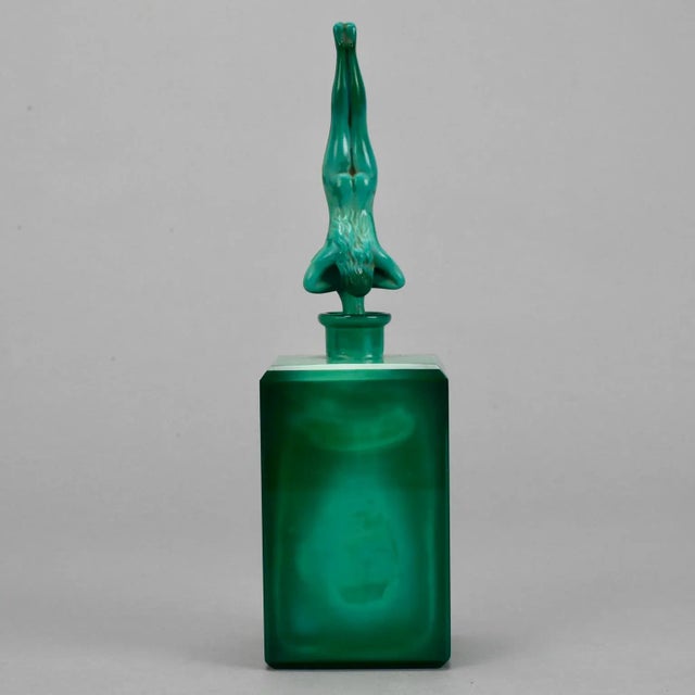 1930s Art Deco Era Czech Malachite Glass Perfume with Nude Stopper For Sale - Image 5 of 6