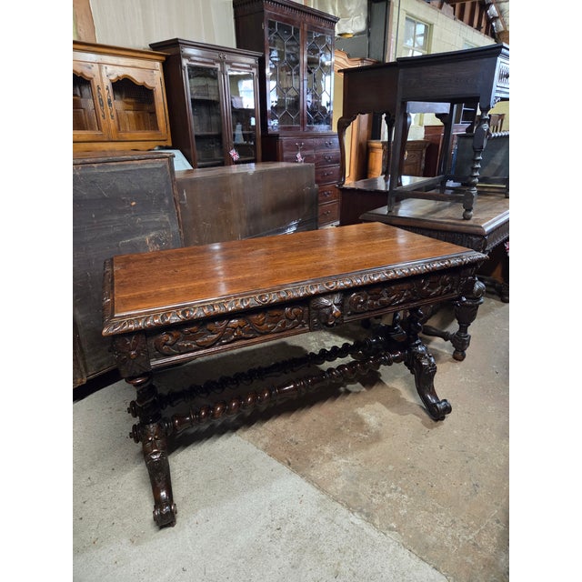 Gothic Antique Oak Heavily Carved Late 19th Century Desk With Barley Twist Legs For Sale - Image 3 of 11