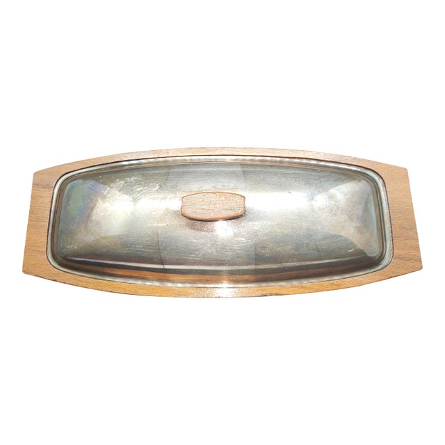 Vintage Gorham Yc75 Mid-Century Modern Teak and Steel Butter Dish W/Glass Insert For Sale