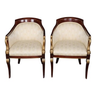 Pair of Regency Style Upholstered Bergères Chairs by Council Gilded Dolphins For Sale