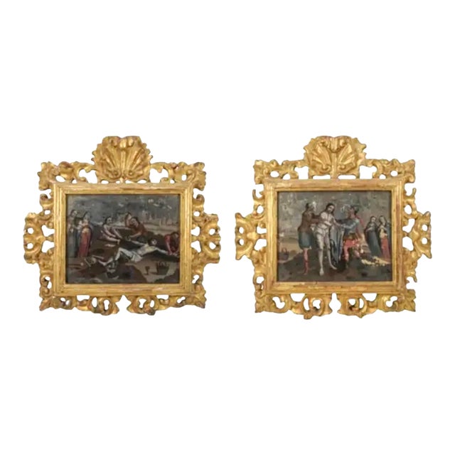 Pair of Spanish Colonial School Reverse Glass Paintings Framed For Sale