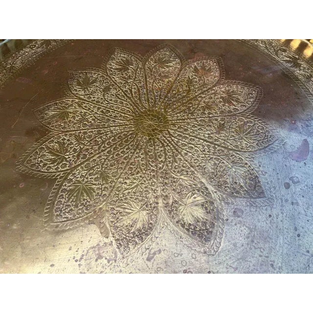 Mid 20th Century Large Mid Century Indian Round Chased Brass Tray Table on Folding Stand For Sale - Image 9 of 12