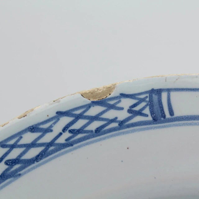 Antique 18th C English Delft Chinoiserie Plate With Willow Tree & Lotus Bush For Sale - Image 11 of 13