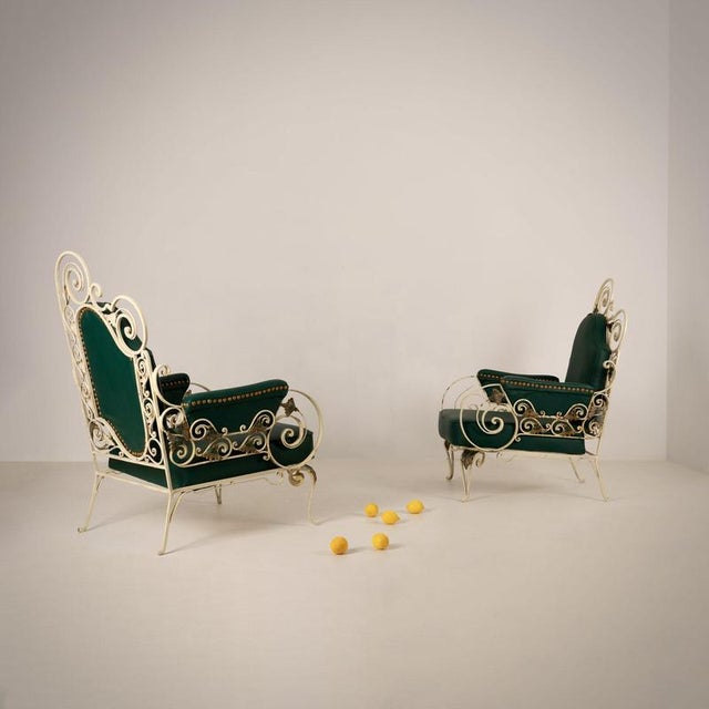 Maison jansen pair of elegant armchairs france, jansen manufacture, circa 1940 ivory white lacquered metal, green and gold...