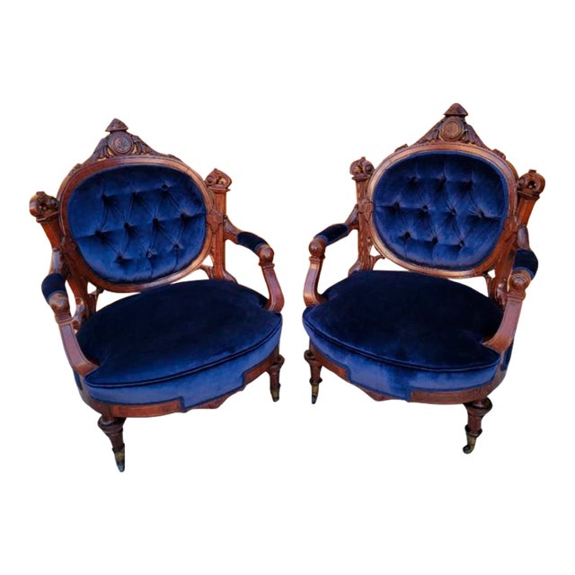 Antique Victorian Eastlake Carved His/Her Tufted Chairs Newly Reupholstered in Blue Velvet - Pair For Sale