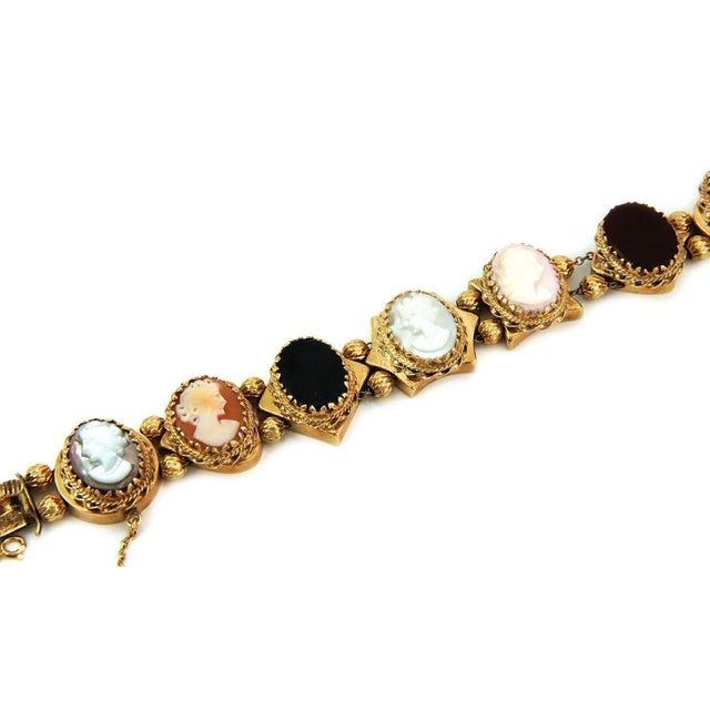13k Slide Bracelet Yellow Gold 8 Gems & Shell Oval Cameo Link For Sale - Image 4 of 6