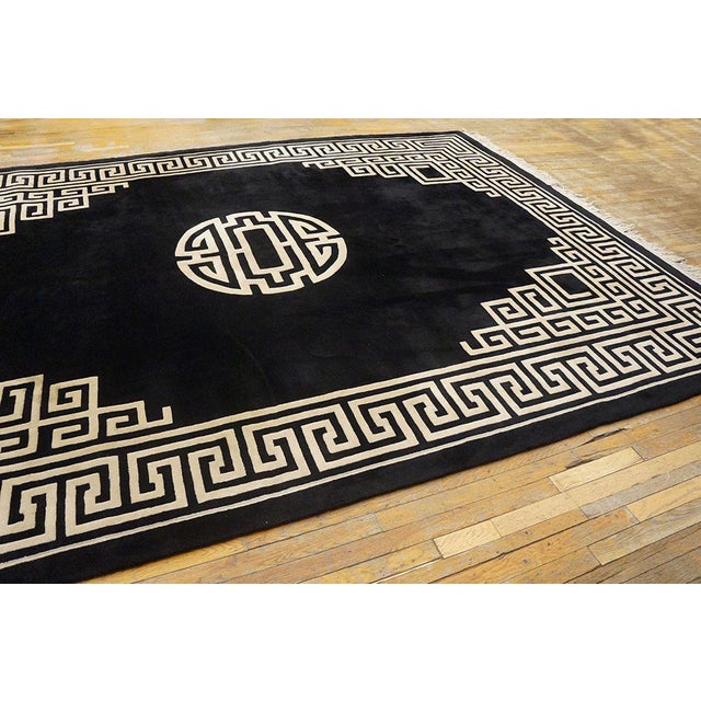 Glamorous Black Ground Color With White Color Greek Key Pattern Vintage Chinese Art Deco Rug For Sale - Image 9 of 11