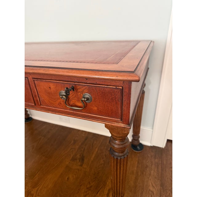 Vintage Regency-Style Figured Yew & Tooled Leather Writing Desk For Sale - Image 4 of 10