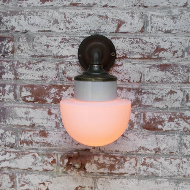 Vintage Industrial White Opaline Glass, Brass, and Cast Iron Sconce For Sale - Image 6 of 9