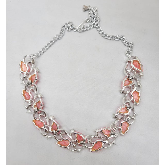 Pink Vintage 1950s Rhodium Plated Pink Tutti Frutti Leaf Necklace For Sale - Image 8 of 8